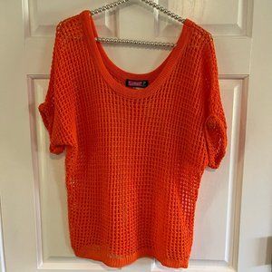 Say What Orange Wide Neck Short Sleeve Open Knit Crochet Sweater Top Size S
